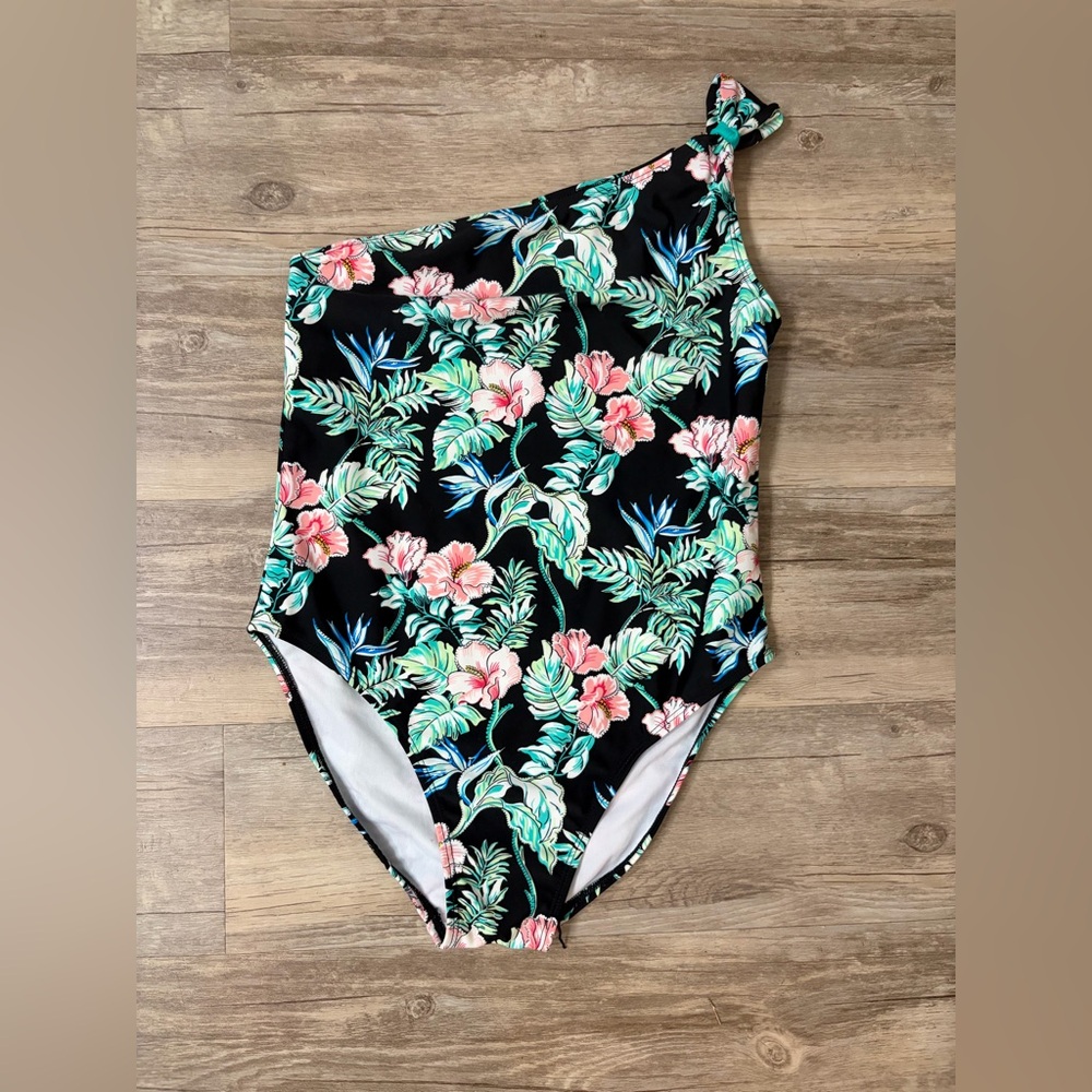Tommy Bahama Black Floral One-Shoulder Girls One-Piece Swimsuit